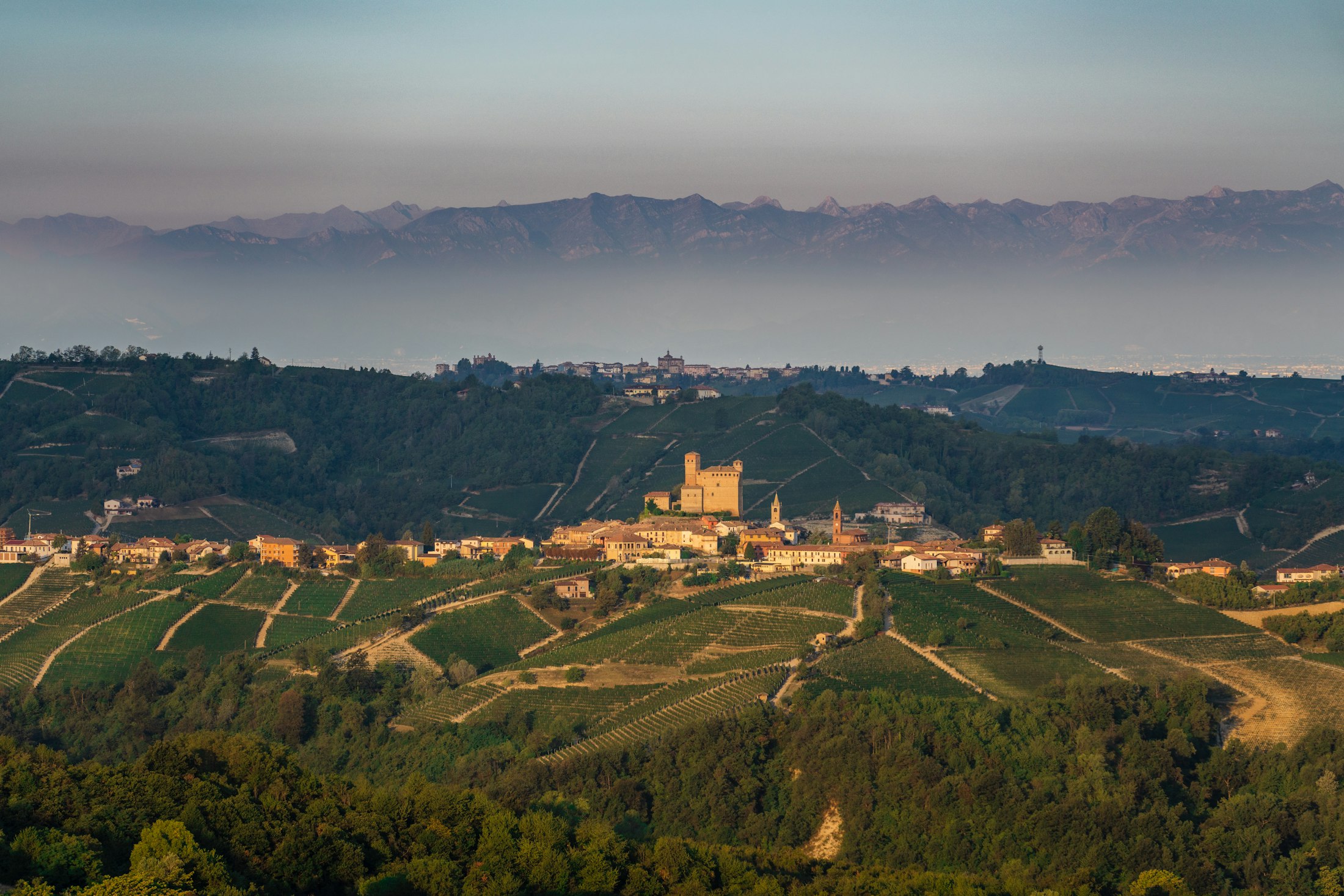 A hilltop village above the rolling hills of the Langhe